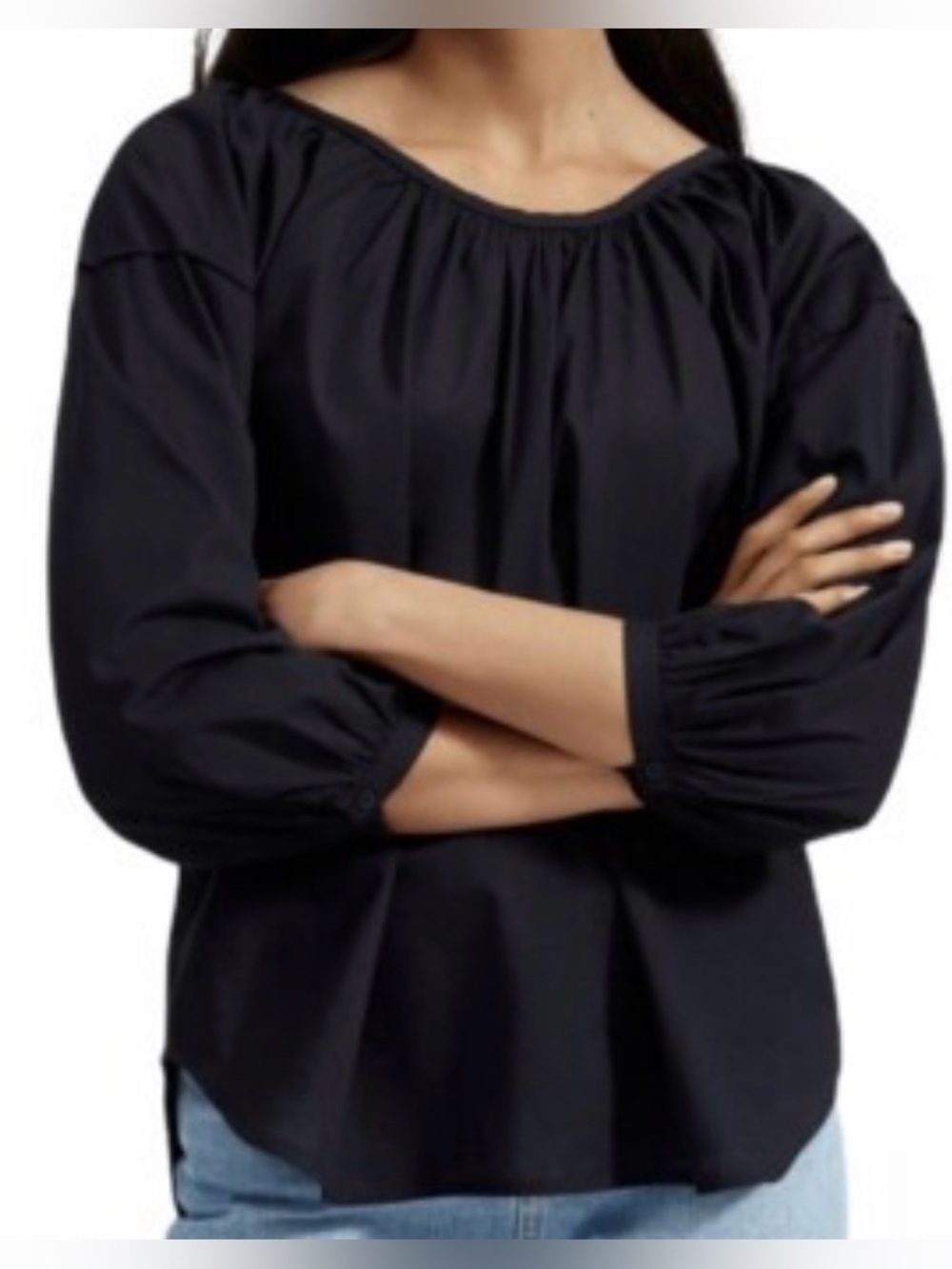 Everlane M Black rushed boatneck 3/4 sleeve lightweight shabby chic cotton top